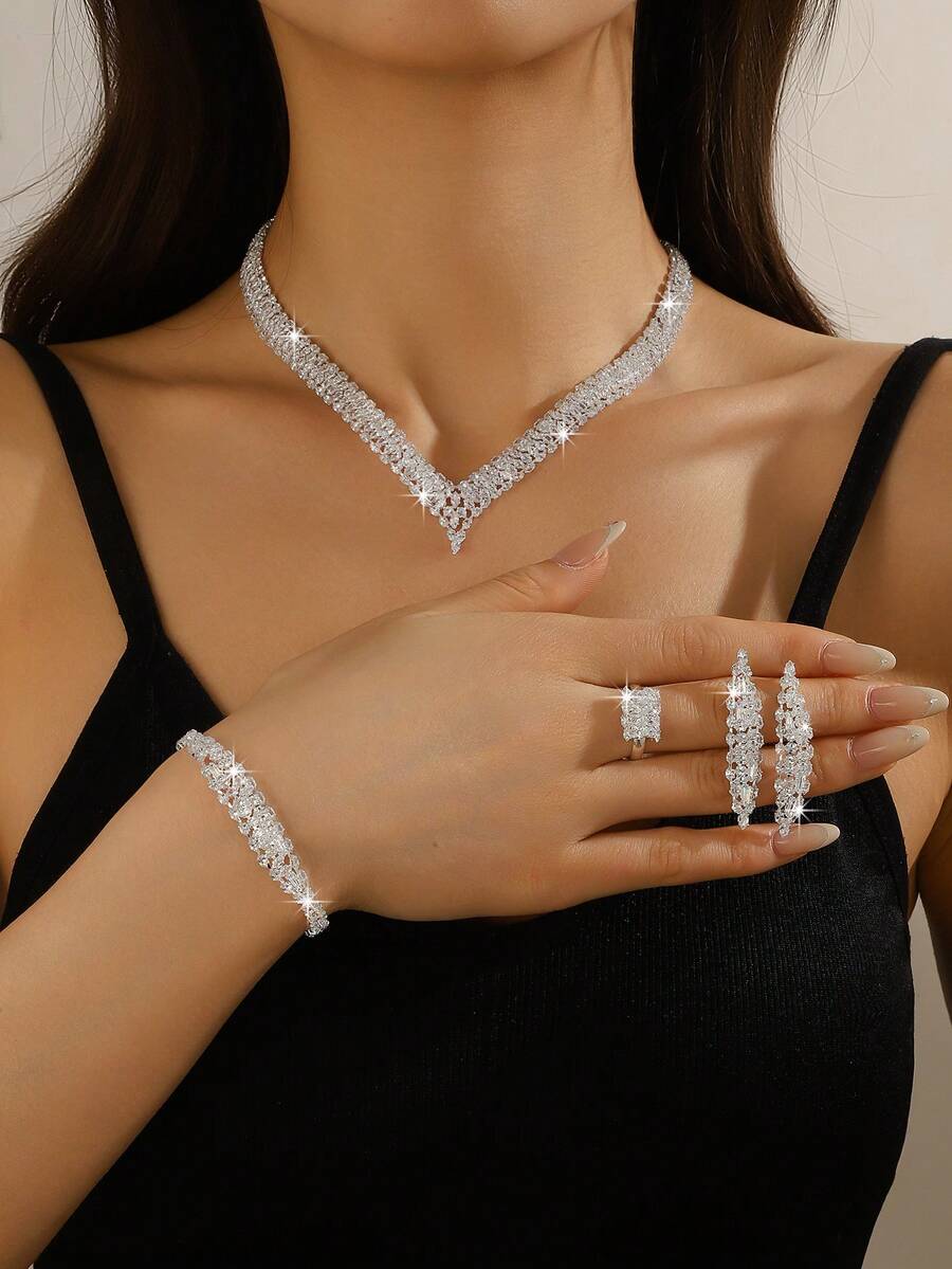 Bộ 5 món trang sức cao cấp lấp lánh dành cho nữ, thích hợp làm quà tặng đám cưới, sinh nhật, tiệc tùng, lễ hội và các dịp đặc biệt. - Bạc - Xem 1