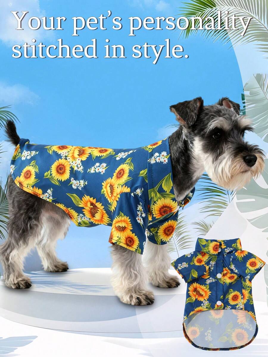 1 pieza Camisa de solapa delgada con estampado de playa hawaiana para mascotas (gatos/perros), primavera/verano/otoño - Amarillo - Ver 1