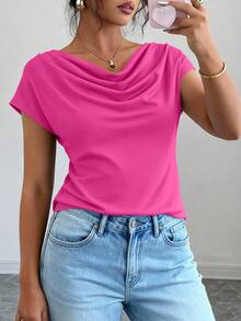 PRETTYGARDEN Women's Summer Clothes Tops Dressy Casual Clothing Cowl Neck Short Sleeve Blouses Business Work Office Shirts  Tops For Women - 玫紅色 - 查看 5