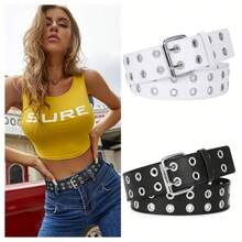 1 Set Punk Style Rivet Belt & Bracelet, Punk Y2K Square Buckle Belt With 3 Rows Of Rivets, PU Leather Strap, Goth Punk Unisex PU Leather Bracelet, Multi-Layer Rock Nail Bracelet - Double Exhaust Holes - View 11