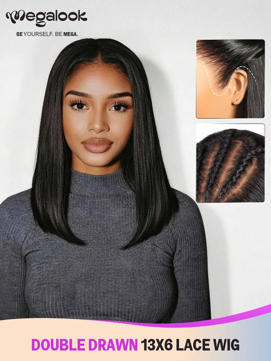 MEGALOOK 双拉直波浪波波头假发，真人发，13x6透明蕾丝假发，自然黑，无需胶水，三步即可佩戴，预剪漂白发结，拔毛发际线，100%真人发，双拉纬线制作，200%密度 - SNatural - 查看 1