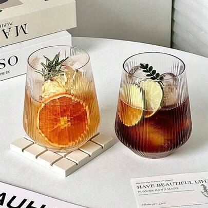 1-2-4 件装 450ml 复古条纹玻璃杯，多用途可重复使用玻璃咖啡杯。适用于牛奶、奶茶、冰咖啡、冷热饮、果汁等。是派对和家庭聚会的理想之选。