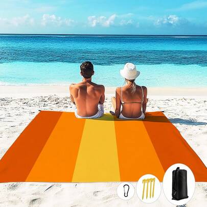 1件185*235厘米黄橙条纹印花防水防沙超大沙滩毯，适合2-3人休闲海滩度假，轻薄耐用，户外露营野餐垫