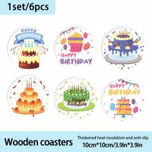 6pcs/Set Wooden Coasters With Birthday Cake Themed Prints, Thick Insulation Non-Slip Design, Cute Patterns, Practical Coasters For Birthday Party, Gathering, Add Warm Atmosphere To Dining Table, Suitable For Gift Or Personal Use - Wooden Board-coaster - View 8