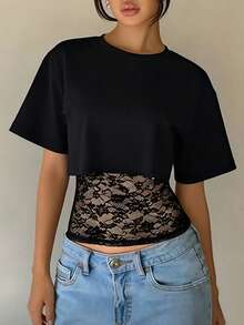 Damen lässig Sexy Spitzen Cami Top + Rundhals Kurzarm Crop Top, einfarbig für Alltag, Date, Streetwear, schwarzer Sommer Elegant - Schwarz - Übersicht 4