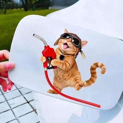 1pc Funny Pilot Cat Oil Sprayer Car Fuel Tank Cap Waterproof Sticker, Suitable For Car Windows, Bumpers, Motorcycles, Fuel Tanks Decoration