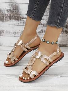 Women's Rivet Hollow-Out Comfortable Flat Sandals, Gladiator Sandals, Summer, Solid Color Bohemian PU Leather Rivet Buckle Flat Sandals For Beach - Champagne - View 5