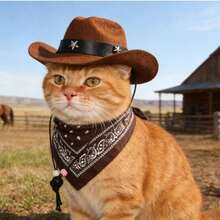 Western Style Pet Cowboy Hat And Scarf Set, Star Decor Pet Hat With Patterned Scarf, Suitable For Small Dogs And Cats - Brown - View 4