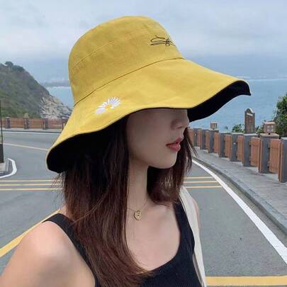 Oversized Brim Chrysanthemum Pattern Bucket Hat, Reversible Korean Style Sun Hat, Multipurpose Outdoor Sun Protection Cap