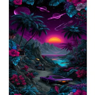 1幅2D DIY钻石画，梦幻星球日落风景，热带棕榈树，摩托车，宇宙星空，手工镶钻装饰画，节日礼物佳品