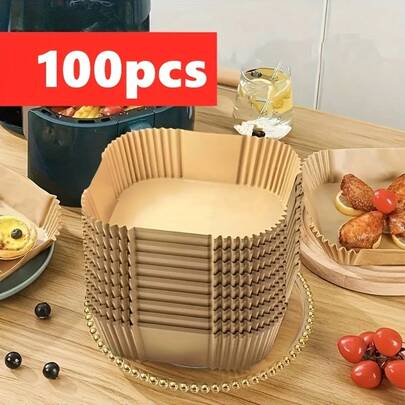100 piezas de papel de hornear desechable antiadherente - Apto para freidora de aire, horno y microondas, resistente a altas temperaturas con diseño antidesbordes, esencial para cocinar alitas de pollo y papas fritas, suministros para fiestas, fácil de limpiar, esquinas redondas antifugas, accesorio de cocina
