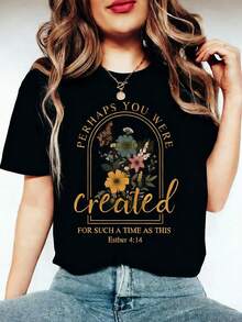SHIMIDA Women'S Retro Christian T-Shirt- Floral Print God Made Me Awesome& Ephesians 2:10 Bible Verse, Light Beige Round Neck Short Sleeve Casual Top, Washable Religious Inspiration Clothing, Exclusive Spiritual Women,Women's Graphic Round Neck Short Sleeve Tee, Casual Daily Tops, St. Patrick's Day Easter Holiday Outfits - 黑色 - 查看 7