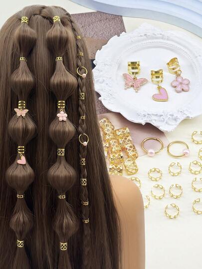 45 piezas Set de Scrunchies de pelo rosa, incluye elementos en forma de camelia, mariposa, perla y corazón, pinzas de pelo de aleación elegantes, accesorios de pelo estilo princesa adecuados para trenzas y peinados de niñas