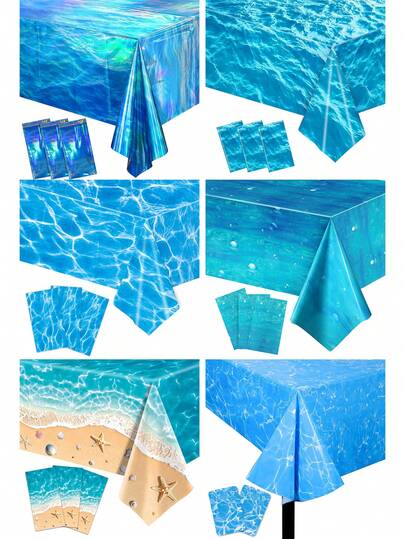 1 chiếc khăn trải bàn họa tiết sóng biển óng ánh - Khăn trải bàn nhựa dùng một lần hình chữ nhật màu xanh dương in hình sóng nước, thích hợp trang trí tiệc sinh nhật, tiệc mùa hè, tiệc bãi biển, lướt sóng, hồ bơi, tiệc Hawaii, tiệc mừng em bé (54 x 108 inch), 6 kiểu.