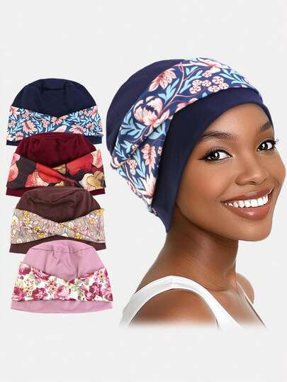 1pc Women's Bohemian Style Printed Criss-Cross Headband Bandana Hat, Flat Top Beanie Cap, Hair Protection, Suitable For Daily Use