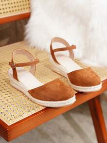 Sandalias de cuña de plataforma de cuerda de lino color albaricoque cómodas y antideslizantes para mujer, adecuadas para vacaciones de primavera y verano - Marrón - Ver 5