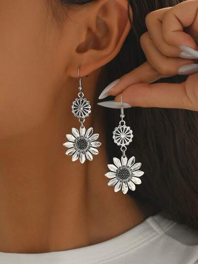 1 Đôi bông tai mặt dây chuyền hình hoa hướng dương 3D phong cách retro, bông tai hoa tối giản thời trang độc đáo.