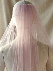 1pc Pink Short Pearl Veil, Single Layer Elbow Length With Metal Comb, Bridal Wedding Veil - Multicolor - View 7