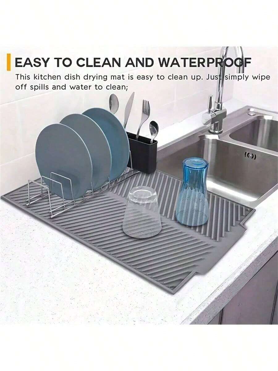 1pc Silicone Dish Drying Mat, Foldable Dish Drainer Pad, Large Drainage Mat, Heat Resistant Pot Holder, Dishwasher Trivet, Kitchen Accessories - Grey - View 1