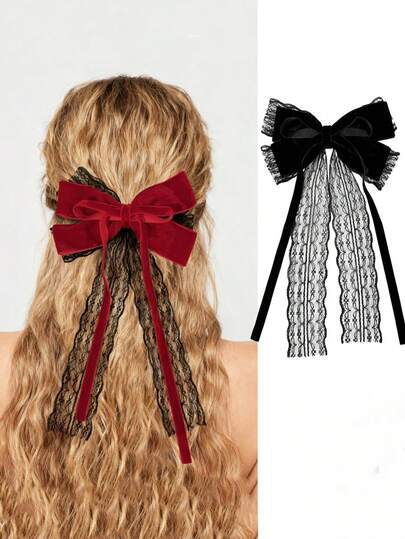 1个优雅蕾丝蝴蝶结发夹，甜美别致风格，天鹅绒质感，时尚高端女士发饰