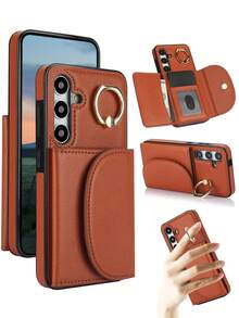 PU 人造皮革手機殼，適用於 Galaxy A17 A56 A36 A26 A16 A55 A35 A15 A54 A14 A73 A53 A13 A72 A52 A71 A51 4G 5G，附環形支架，RFID 防盜錢包手機殼，適用於 Galaxy S26 S25 Edge S24 S23 S22 S21 FE Plus Ultra，附支架卡槽保護殼 - 棕色 - 查看 3