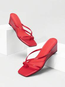Women Square Toe Wedge Sandals Strappy Slip On Slides Flip Flop Heels Summer Casual - Red - View 5
