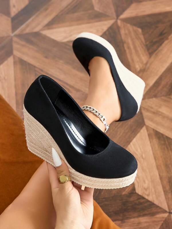 Women's Platform Wedge Shoes, Black Faux Suede Round Toe Woven Wedge Slip-On Pumps