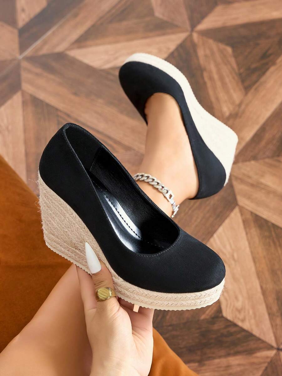 Women's Platform Wedge Shoes, Black Faux Suede Round Toe Woven Wedge Slip-On Pumps - Black - View 1