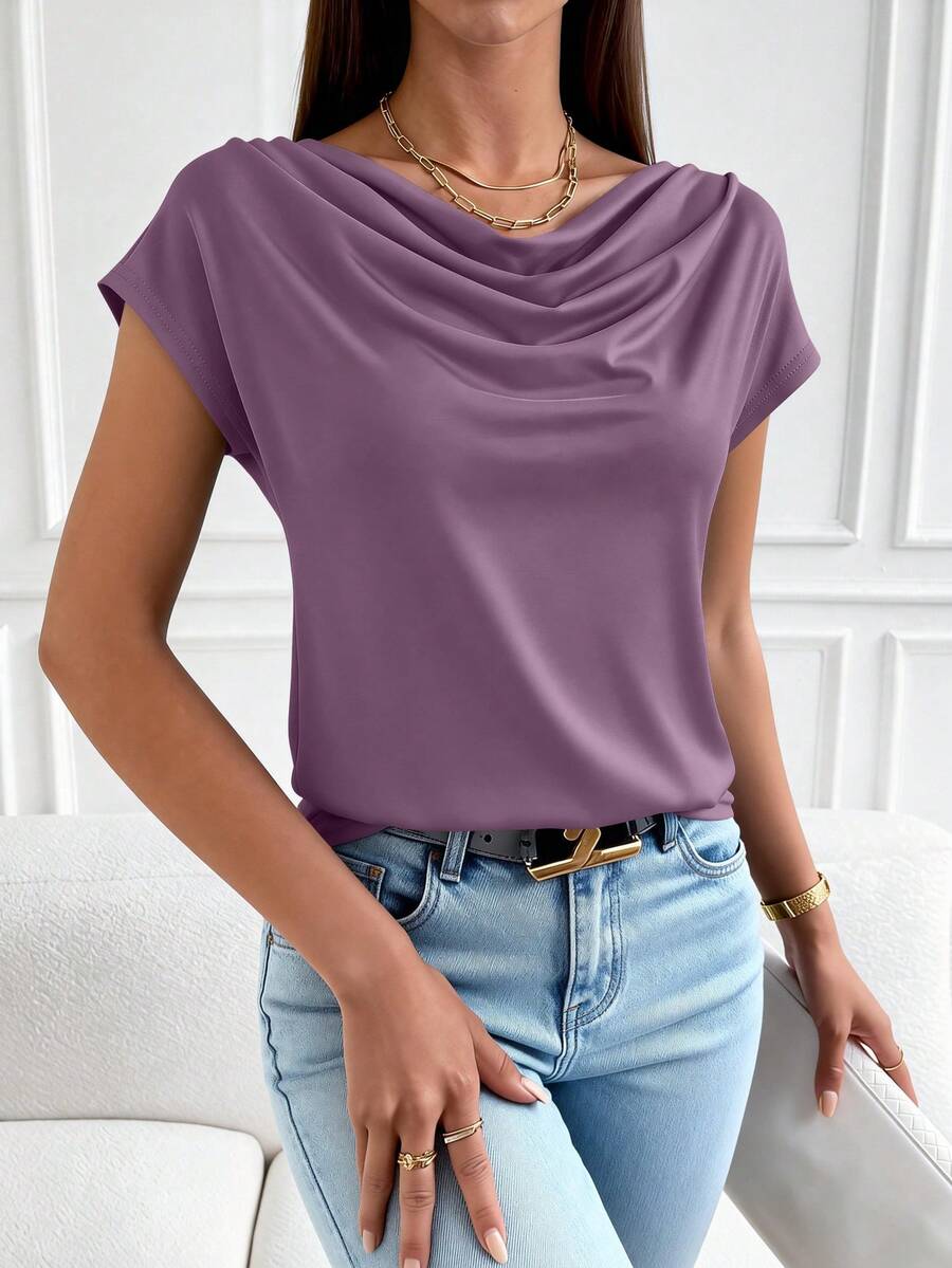 PRETTYGARDEN Women's Summer Clothes Tops Dressy Casual Clothing Cowl Neck Short Sleeve Blouses Business Work Office Shirts Tops For Women - 紫色 - 查看 1
