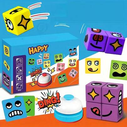 一套木制表情积木拼图玩具，配有铃铛和各种卡片 - 色彩缤纷，多功能竞技游戏，便携式旅行游戏套装，变脸魔方游戏，适合 2-4 名玩家，是互动派对和增进家庭感情的理想之选，也是万圣节/复活节/圣诞节/生日/感恩节的绝佳礼物。