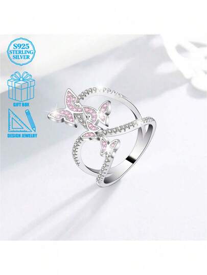 Anel de Borboleta de Prata 925 com Zircônia, Elegante e Romântico, Escolha de Presente Perfeita para Festivais Femininos, Adequado para Uso Diário e em Festas