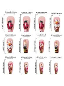 24Pcs Coffin Press On Nails Medium Length Fake Nails Flower Stick On Nails With Cute Ladybug Design Spring Acrylic Glue On Nails Red Green False Nails Reusable Full Cover Artificial Nails Kit For Women - Multicolor - View 6