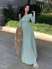 Y6Y 2025新款法式浪漫针织上衣长裙两件套，舒适优雅，适合早春和秋季穿着。 - 霧霾藍 - 查看 1