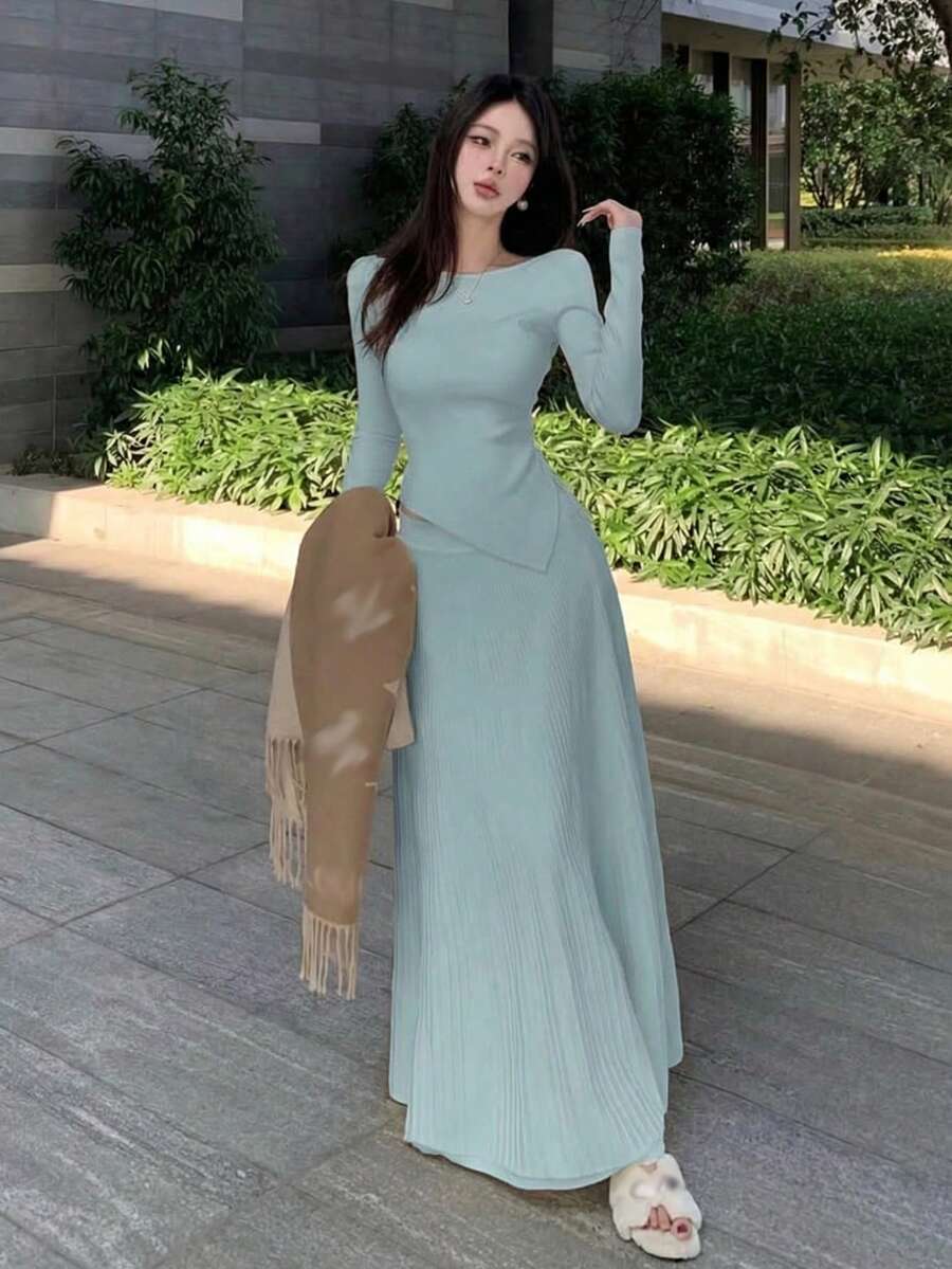 Y6Y 2025新款法式浪漫针织上衣长裙两件套，舒适优雅，适合早春和秋季穿着。 - 霧霾藍 - 查看 1