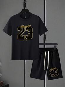Men's Regular Fit Short Sleeve T-Shirt And Shorts Set, Personality Print Pattern Fashion Casual Outgoing Outfit, Pocket Design Elastic Waist Drawstring Pants, Suitable For Basketball, Fishing, Outdoor Sports, Great Gift For Husband Or Boyfriend,T-Shirt And Shorts Set, Two Piece Set, Casual Set, Summer Outfit, Lounge Set, Short Sleeve Set, Cotton Set, Mens Set,Matching Set, Sport Set, Tracksuit Set, Comfort Set, Daily Outfit, Lounge Wear,Casual Wear,Cotton T-Shirt, Casual Tee, Short Sleeve, Crew Neck, Vintage Tee, Fashion T-Shirt, Loose Fit, Regular Fit,Shorts, Casual Shorts, Summer Shorts, Cotton Shorts, Athletic Shorts, Gym Shorts, Lounge Shorts, Beach Shorts,Daily Shorts,Basketball Outfit - A pair of black shorts - 查看 4