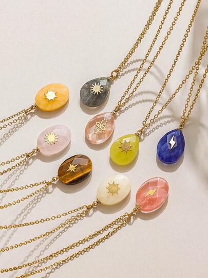 Mazuer 1件波西米亚风多色天然石水滴椭圆闪电太阳星图腾吊坠项链，复古18K镀金不锈钢锁骨链，适合女性度假、日常佩戴、约会、送礼。