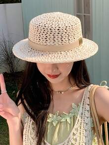 1顶女士草帽，波西米亚复古镂空平顶草帽，适合夏季、海滩、度假和户外日常佩戴 - 彩色 - 查看 2