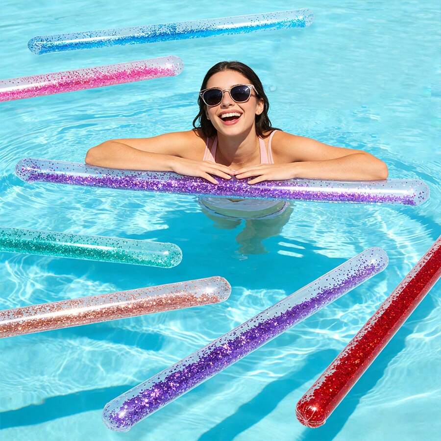 Palo inflable con purpurina para natación de verano, flotador de piscina transparente con lentejuelas y válvula de aire oculta, barra de ocio acuático de PVC duradero aplicable para piscina, playa, lago, juguete de natación portátil y ligero para juegos acuáticos en el hogar y decoración de fiestas, flotador de piscina, artículos esenciales de playa - Multicolor - Ver 1