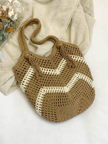 Túi xách cỡ lớn dệt rỗng thời trang dành cho nữ, túi đeo vai bằng rơm kiểu dáng mới cho kỳ nghỉ biển mùa xuân/hè. - Màu Khaki - Xem 7