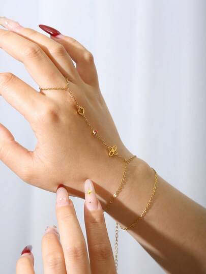 TONSI 1 chiếc nhẫn/vòng tay hình cỏ bốn lá bằng thép không gỉ mạ vàng 18K đính kim cương, kiểu dáng tối giản, tinh tế, cá nhân hóa, thích hợp cho các lễ hội, đeo hàng ngày, đi làm, dự tiệc, họp mặt, trang sức nữ, quà tặng cho bạn bè, đồng nghiệp, bạn gái.