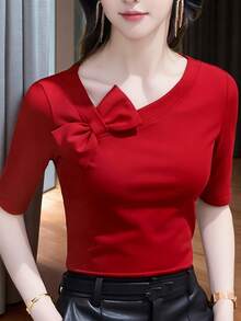2025 Neue Slim Fit Kurzarm Rotes Top, elegantes Halbarm asymmetrisches Schulter Top für Frauen, Sommer Casual - Rot - Übersicht 5