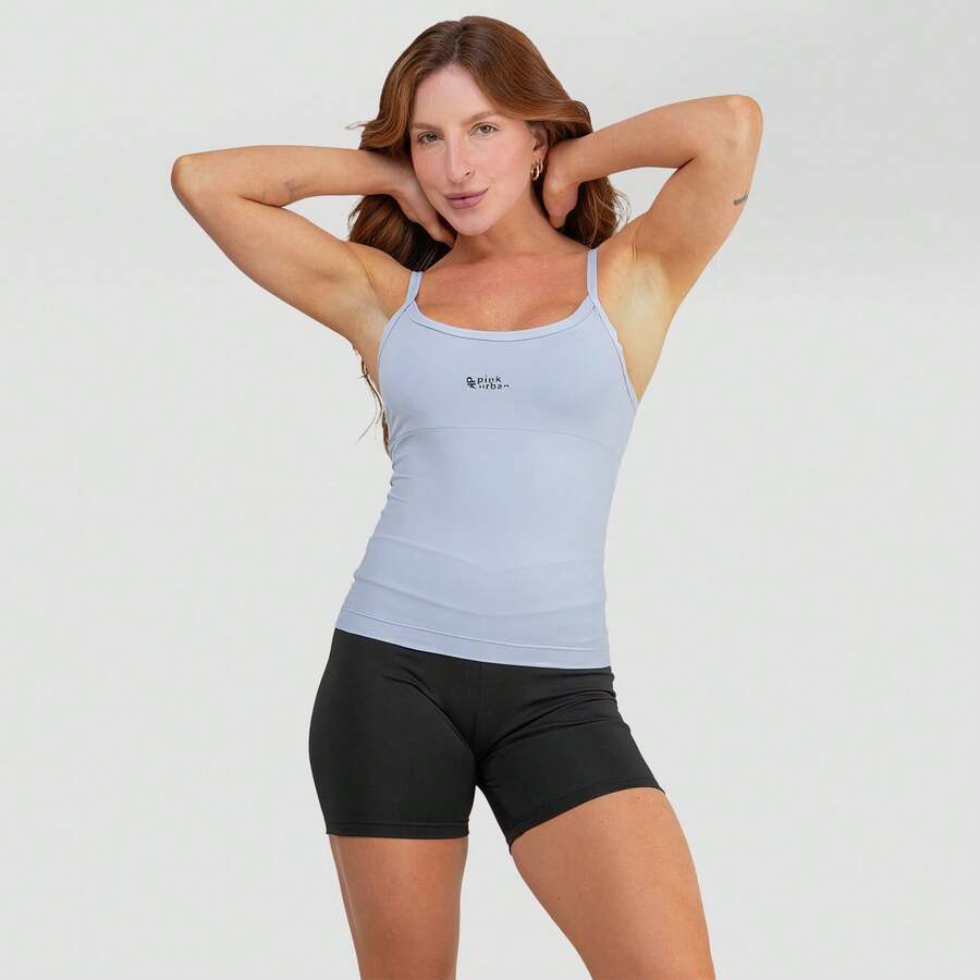 Fitness Tank Top Set (Spars) In Polyamide + High-Waisted Blackout Shorts (Zero Transparency) - Slim Blue - Blue Tank Top + Black Shorts - View 1