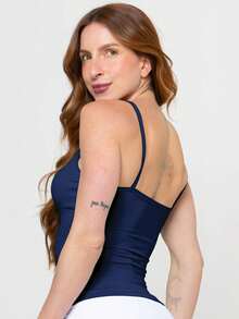 Fitness Tank Top Set With Thin Straps, Polyamide Fabric + High-Waisted Blackout Shorts, Zero Transparency, Slim Fit Tank Top, Navy Blue - Áo tank top màu xanh hải quân + Quần short đen - Xem 2