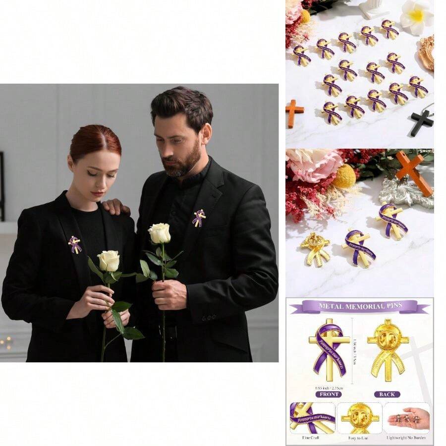 Misdary Funeral Favors For Guests Funeral Memorial Pin Cross Ribbons Forever In Our Hearts Lapel Brooch Pin For Religious Christian Celebration Of Life Mourning Remembrance Day - 紫色 + 25 - 查看 1