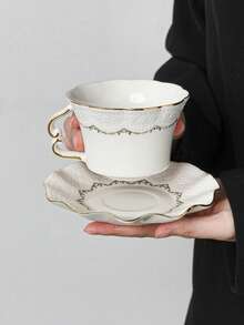 一套（1个杯子+1个碟子）欧式复古浮雕陶瓷咖啡杯碟套装，蝴蝶金边咖啡杯碟，带把手，适合居家下午茶、拿铁、茶、早餐牛奶燕麦片杯、水杯、情侣杯、节日礼物 - 彩色 - 查看 13