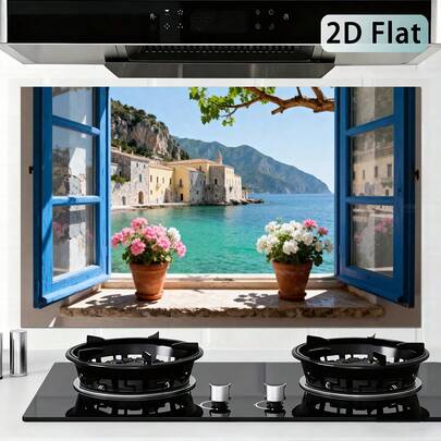 1 pieza Adhesivo de pared de cocina 2D | Ventana abierta con paisaje de pueblo costero con marco azul y flores, papel tapiz extraíble a prueba de salpicaduras para cocina y sala de estar, vinilo brillante