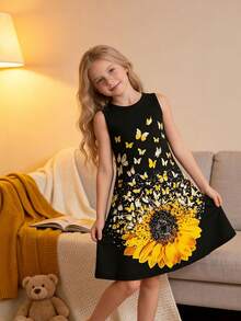 女童休闲优雅3D向日葵蝴蝶印花无袖可爱连衣裙,适合日常穿着、度假、派对、毕业典礼、返校、复活节等场合。 - 彩色 - 查看 4