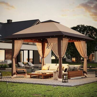 Pop Up Gazebo - 13x13ft Gazebo With Mosquito Netting & Double Roof, Adjustable Height Pop Up Canopy, Easy Setup, UV-Resistant Patio Canopy For Patio Backyard Garden, Party, Wedding, Outdoor Dining, Patio