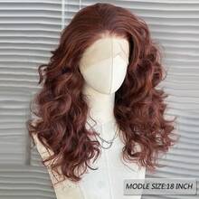 13x4 Inches Red-Brown Synthetic Lace Front Wig, 18 Inches Medium Length Wavy Bangs, 150% Density Natural Hairline, Suitable For Women Fashion, Party, Vacation, Makeup, Daily Wear - Red Highlight - View 5
