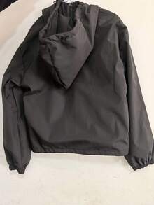 2025新款黑色连帽女式风衣外套，宽松抽绳双拉链口袋，休闲工装风外套，春秋季款 - 黑色 - 查看 2